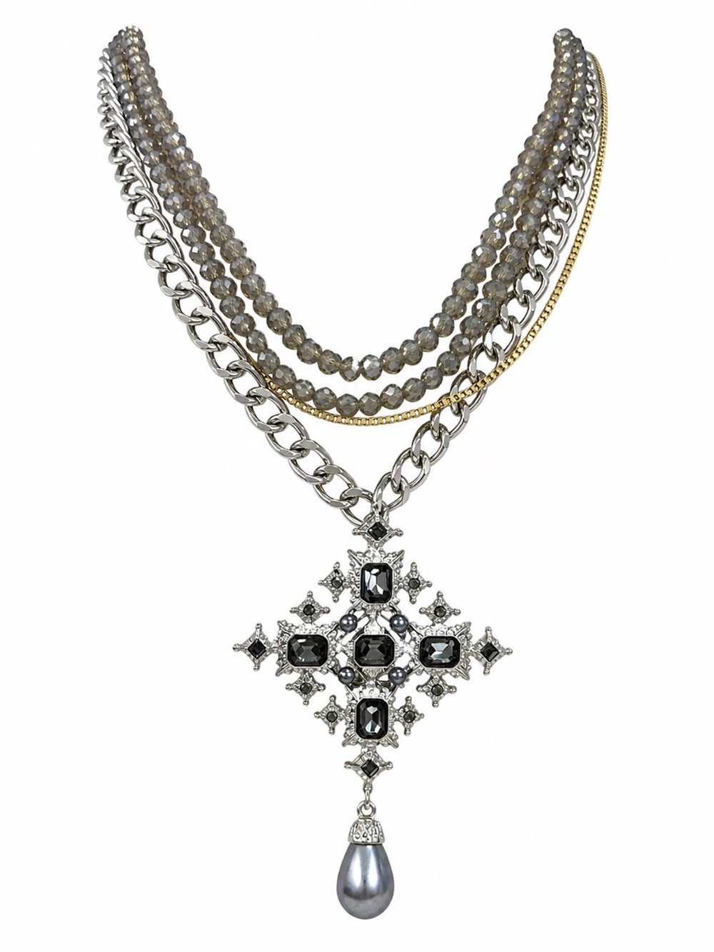 Zara Multi-Strand Silver & Gold Necklace with Grey Gem Pendant